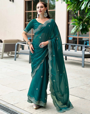 Satrani Embroidered, Embellished Bollywood Tissue Saree(Green)
