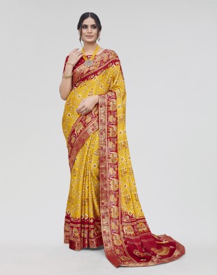 ANIRAV Floral Print Bollywood Tussar Silk Saree(Yellow)