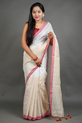 Rnn Self Design Handloom Tissue Saree(White)