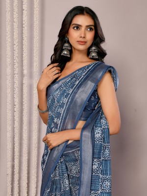 Janasya Floral Print Daily Wear Cotton Blend Saree(Blue)