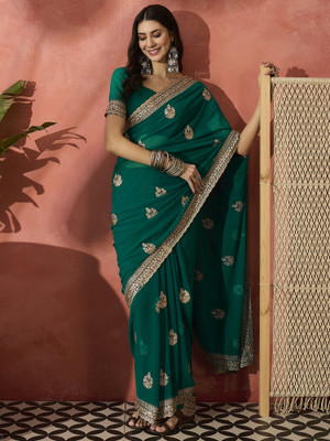 Sangria Embroidered Saree with Attached Blouse Georgette Saree(Light Blue)
