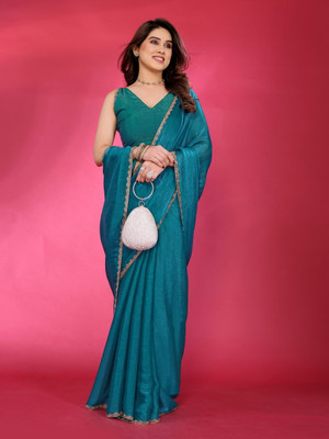 supremesarees Solid/Plain Saree with Attached Blouse Organza, Tussar Silk Saree(Dark Blue)