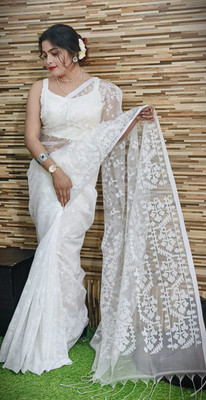 ADbutiq Self Design Jamdani Cotton Blend Saree(White)