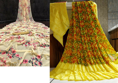 HouseOfCommon Floral Print Bollywood Georgette Saree(Pack of 2, Yellow)