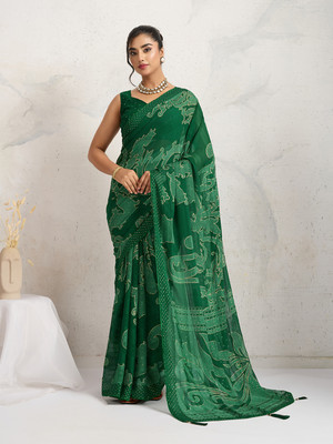 RekhaManiyar Printed Saree with Attached Blouse Georgette Saree(Green)