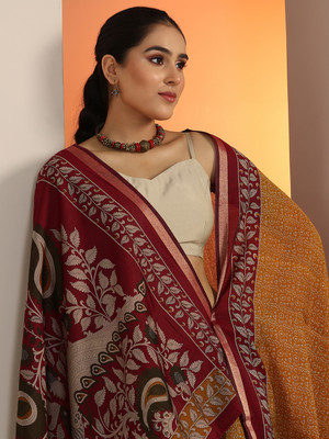 LIBAS Printed Daily Wear Cotton Blend Saree(Mustard)