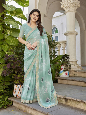 TTH Floral Print Bollywood Georgette Saree(Light Blue, White)