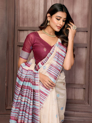 Janasya Woven, Self Design Kanjivaram Chanderi Saree(Beige, Purple)