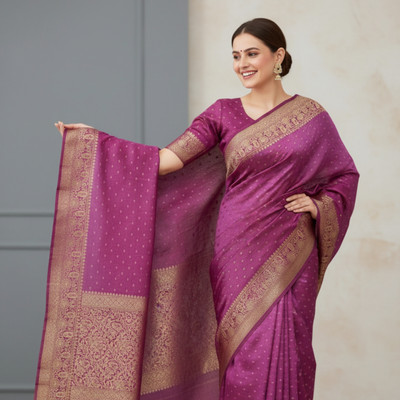 EZIESHREE Woven, Self Design Banarasi Pure Silk Saree(Purple)