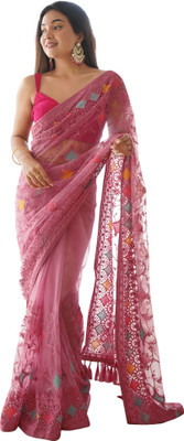 Akhilam Embellished Bollywood Net Saree(Pink)