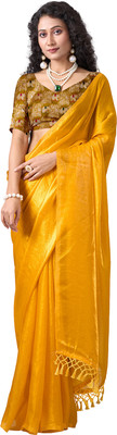 Virendra Textiles Solid/Plain Bollywood Satin Saree(Yellow)