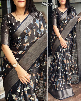 Dhanlaxmi CreationLLP Geometric Print Bollywood Cotton Blend Saree(Black)