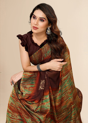 FABMORA Color Block, Printed, Embellished Daily Wear Chiffon Saree(Brown)