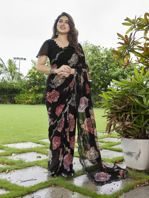 TTH Floral Print Bollywood Georgette Saree(Red, Pink, Black)