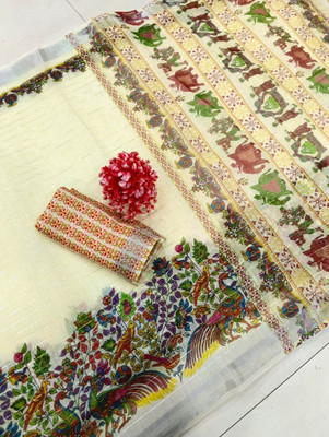 HangerStories Printed Kanjivaram Pure Cotton, Cotton Linen Saree(Cream)