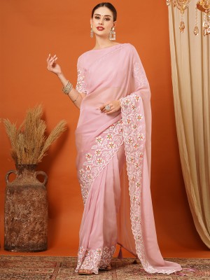 VILLAGIUS Embroidered Bollywood Organza Saree(Pink)