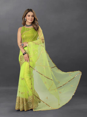 Yashvi Designer Embroidered Bollywood Net Saree(Light Green)