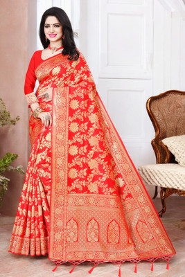Pikham Self Design Banarasi Art Silk Saree(Red)