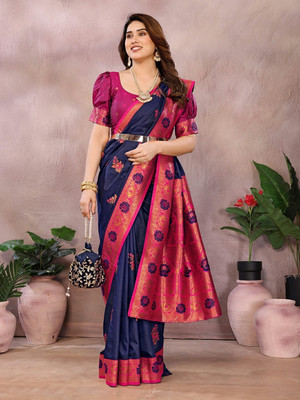Bieth Woven, Floral Print Banarasi Cotton Silk, Silk Blend Saree(Dark Blue, Pink)
