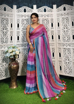 Lakshmi Boutique Color Block Handloom Cotton Silk Saree(Purple, Blue, White)