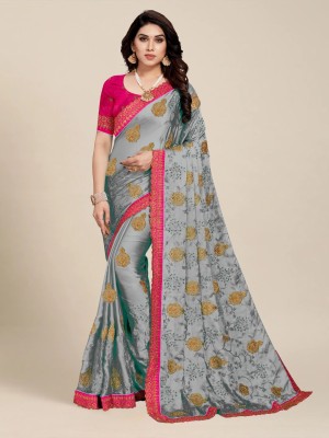 Manokamna Embroidered Bollywood Chiffon Saree(Grey, Pink)