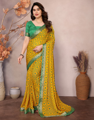 YASHIKA Printed Bollywood Georgette, Lace Saree(Yellow)