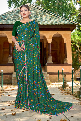 Grubstaker Geometric Print Daily Wear Georgette Saree(Green)