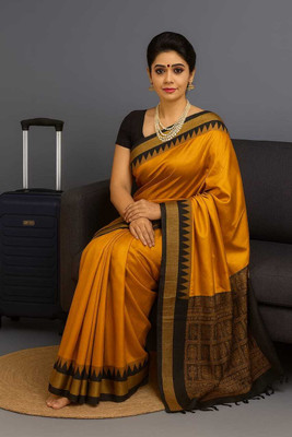 Tilfelle Woven, Temple Border Sambalpuri Silk Blend Saree(Mustard)