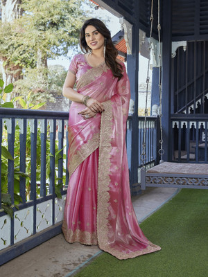 Moda Rapido Embroidered Bollywood Chiffon, Organza Saree(Pink)