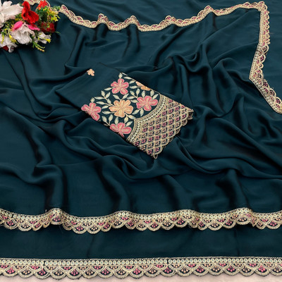 K 5 FASHION Self Design, Solid/Plain, Embroidered Bollywood Chiffon Saree(Dark Blue)