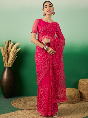 manvaa Embellished Daily Wear Net Saree(Pink)