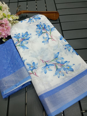 ASHTA Floral Print Kanjivaram Linen Saree(Light Blue)