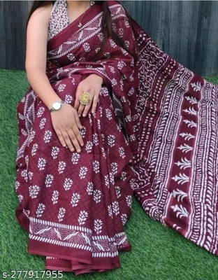 Craftmusium Printed, Color Block, Blocked Printed, Floral Print, Dyed Daily Wear Pure Cotton Saree(Black)