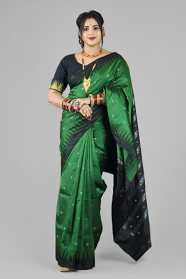 Sijlin Temple Border Sambalpuri Cotton Blend Saree(Green)