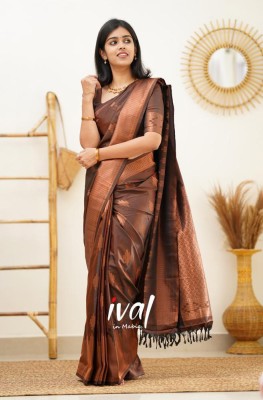 KAKADIYA Woven Kanjivaram Pure Silk Saree(Brown)