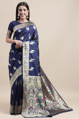 manvaa Woven Kanjivaram Silk Blend Saree(Dark Blue)