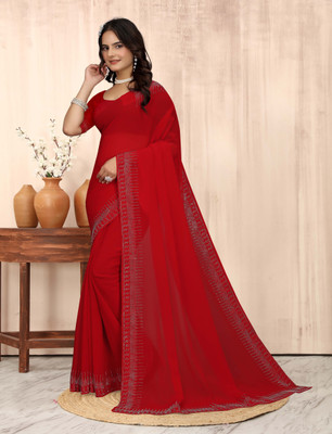 DHRAM CREATION Solid/Plain, Self Design, Dyed, Embellished Bollywood Georgette Saree(Red)