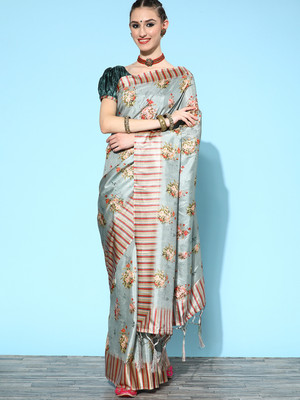 Sareemall Floral Print Bollywood Silk Blend Saree(Light Green)