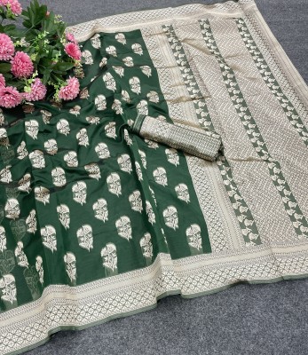 AAGIRI Self Design, Floral Print, Embellished, Woven, Applique Banarasi Organza Saree(Dark Green)