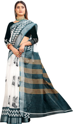 HangerStories Woven Kanjivaram Pure Cotton, Cotton Linen Saree(White, Black)