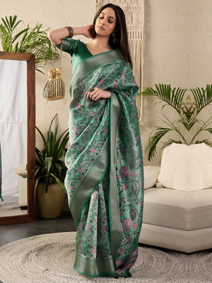 Tasrika Floral Print Chinnalapattu Silk Blend Saree(Light Green)