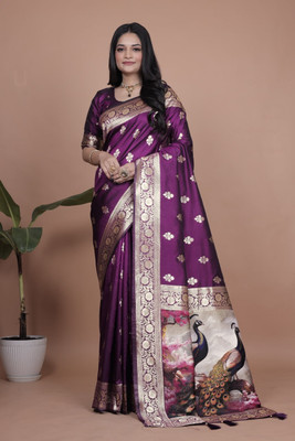 Trushna Fashion Printed Banarasi Pure Silk Saree(Purple)