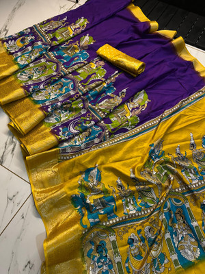 sadika Woven Mekhela Chador Silk Blend Saree(Dark Blue, Yellow)