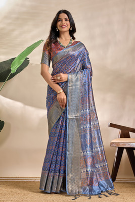 NENU FASHON Geometric Print, Paisley, Printed, Woven, Self Design Bollywood Silk Blend Saree(Blue)