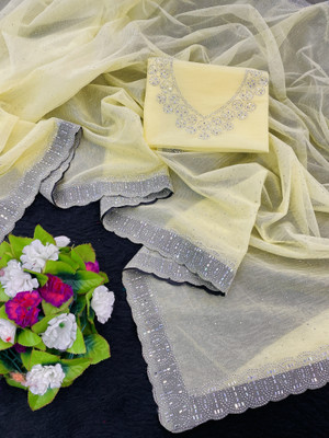 VarniRaaj Fashion Embellished Bollywood Supernet Saree(Yellow)