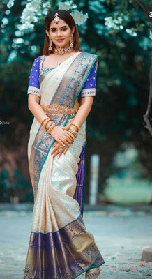 Bansari Textiles Woven Banarasi Art Silk Saree(Cream)