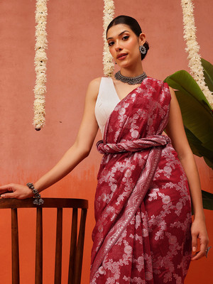 SILK ZONE Woven Jamdani Cotton Blend Saree(Maroon)