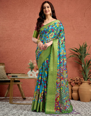 Tasrika Printed, Woven, Embellished Kalamkari Tussar Silk, Cotton Silk Saree(Blue)