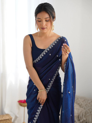 Sareemall Embellished Bollywood Organza Saree(Dark Blue)