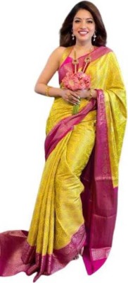 KARKIT Applique, Dyed, Embellished, Ombre, Paisley, Self Design, Striped, Woven Kanjivaram Jacquard Saree(Yellow)